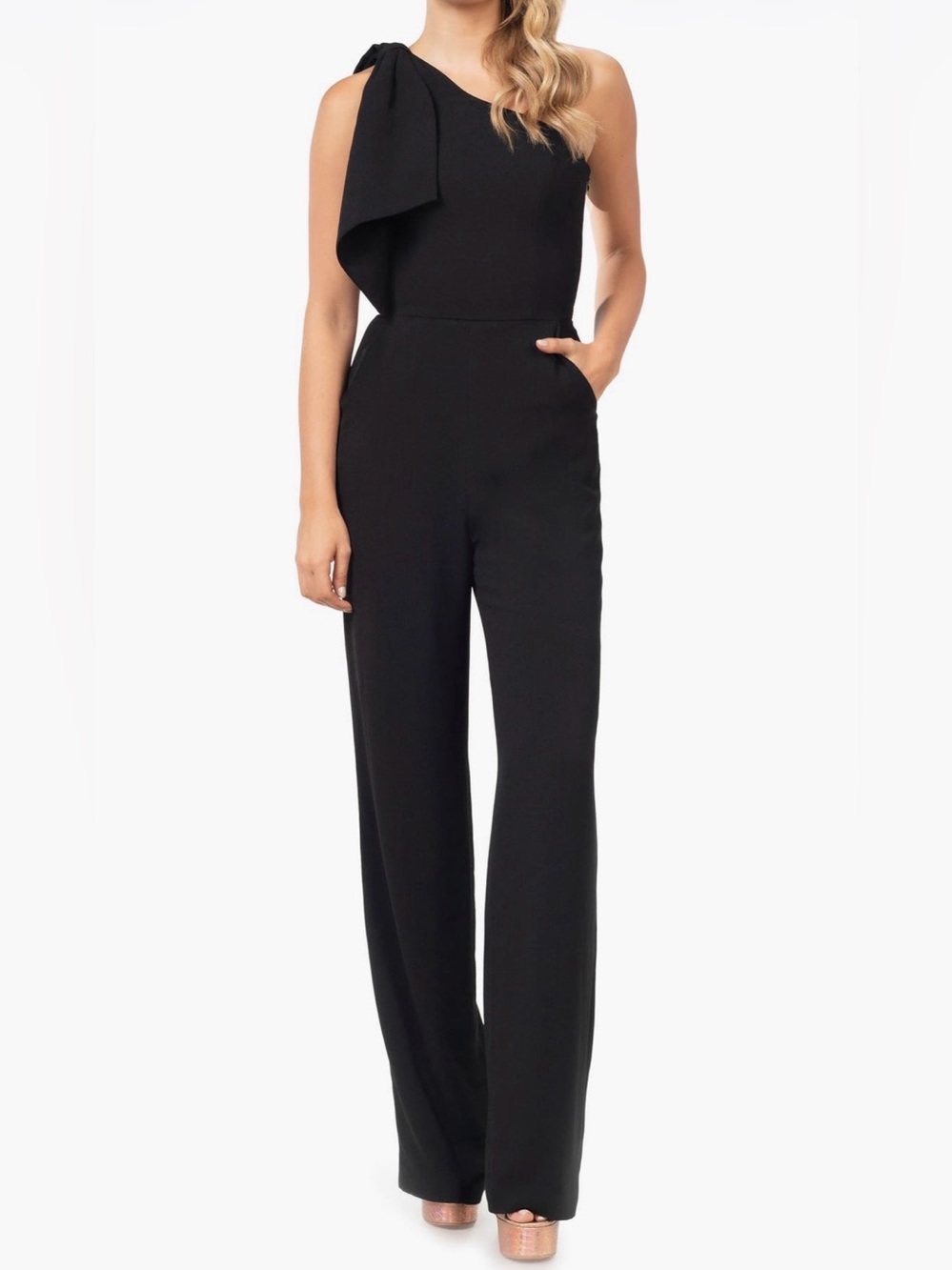 Dress the Population Black One-Shoulder Wide-Leg Jumpsuit